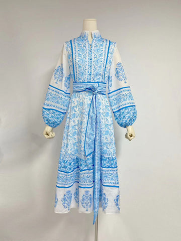 Autumn New Blue And White Printing Collar Lantern Sleeve Single Buckle Belt Waist Display Thin Dress